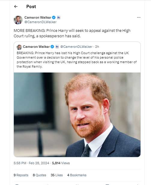 Prince Harry makes first statement after losing battle with Home Office