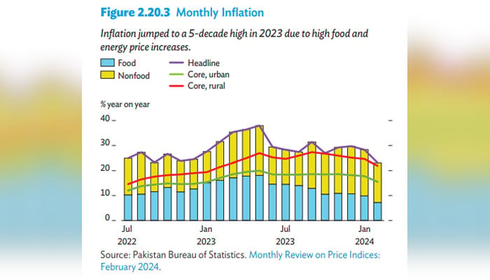 Graph by ADB shows monthly inflation rates in Pakistan from July 2022 to Jan 2024. — ADB